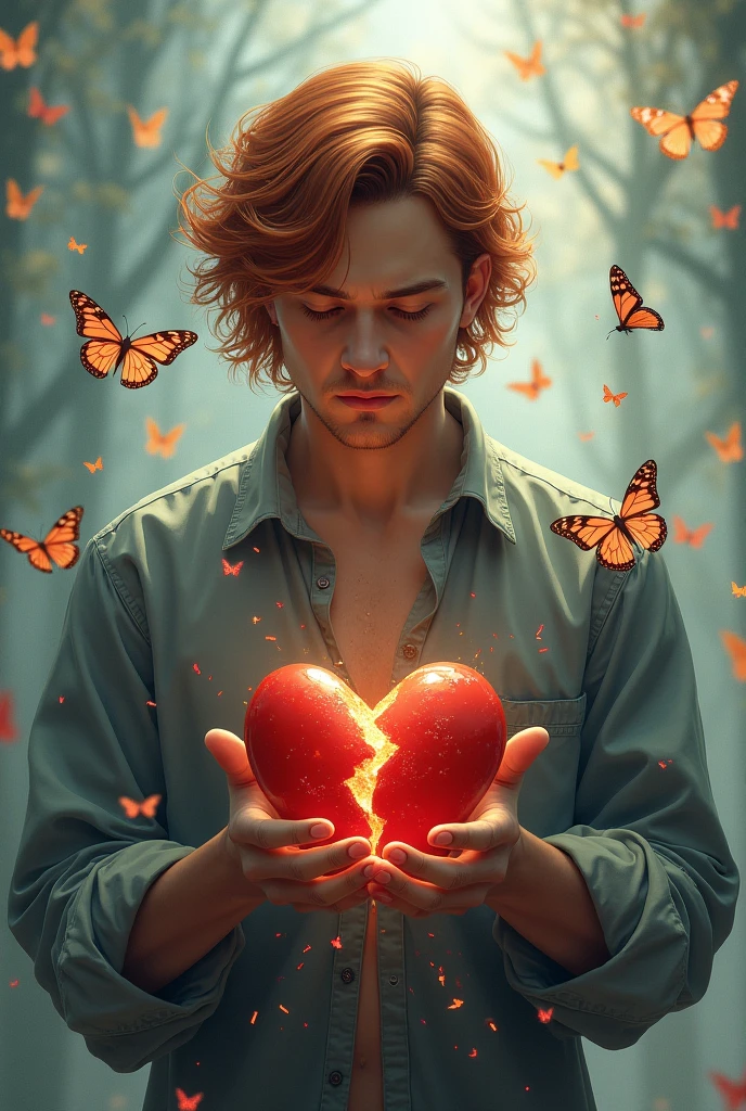 Man with wavy copper hair with a broken heart in his hands and surrounded by butterflies