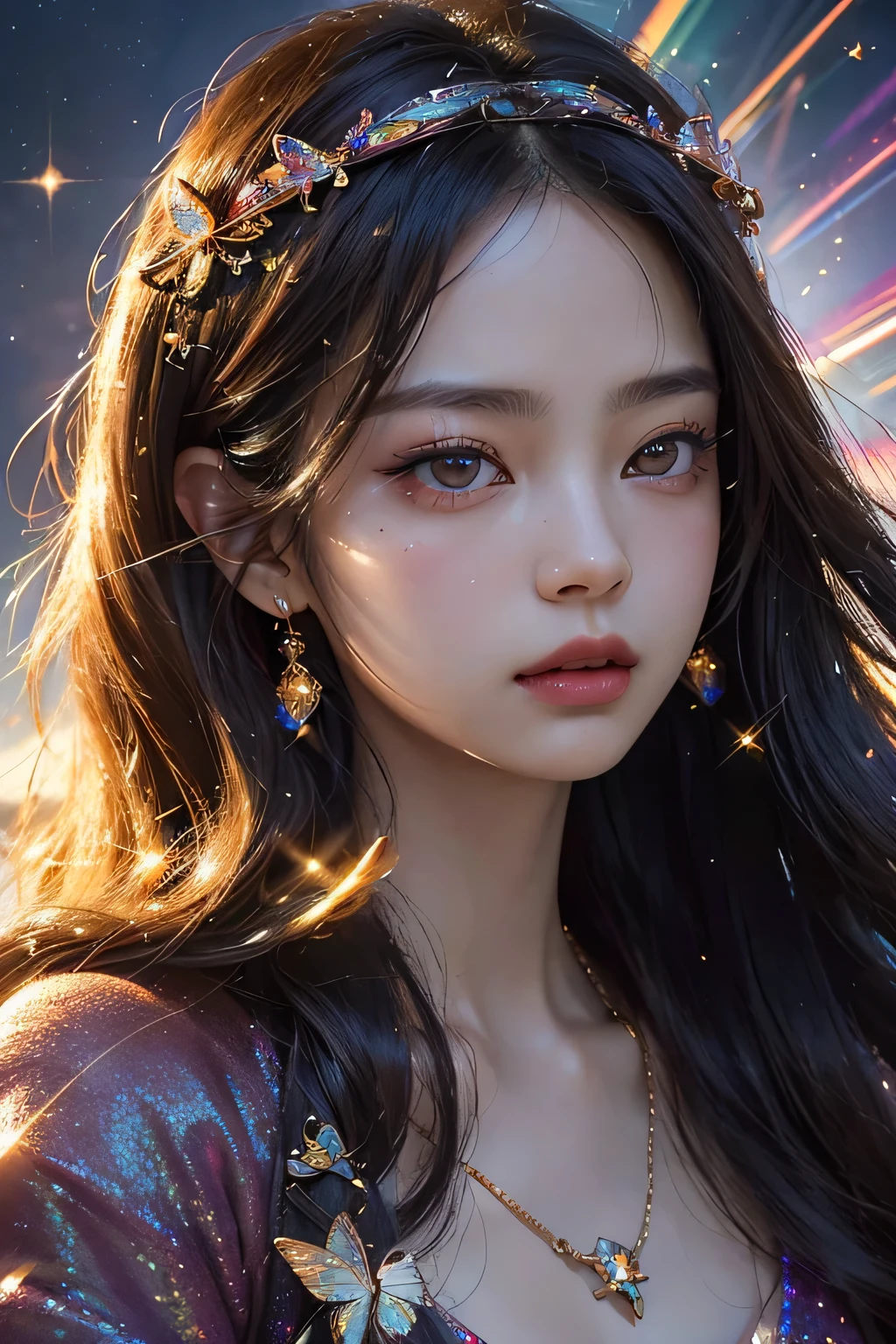 Kim jennie. a young woman with long dark hair, beautiful detailed eyes, beautiful detailed lips, extremely detailed face, longeyelashes, wearing a butterfly kimono, (best quality,4k,8k,highres,masterpiece:1.2),ultra-detailed,(realistic,photorealistic,photo-realistic:1.37),digital painting,exquisite detail,intricate details,highly detailed,vivid colors,warm lighting,cinematic lighting,dramatic lighting, iridescence, dramatic angle, space, (floating colorful sparkles:1.3), Dramatic Lighting, Chiaroscuro, Evocative Depth. Portrait. Jennie