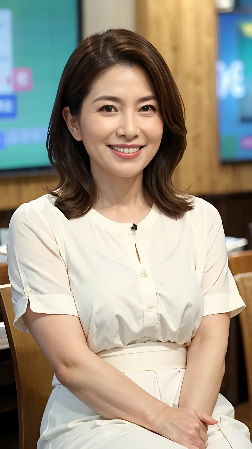 8k wallpaper, masterpiece, Highest quality, Very detailed, One Mature Woman, 50 years old, Become very clear, Wearing a spring-like shirt, Skin dents, Captivating smile, Looking at the audience, No microphone, Plump, Curvaceous, Attractive face, Smiling with teeth showing, I was happy, sitting in a cafe, Background Blur