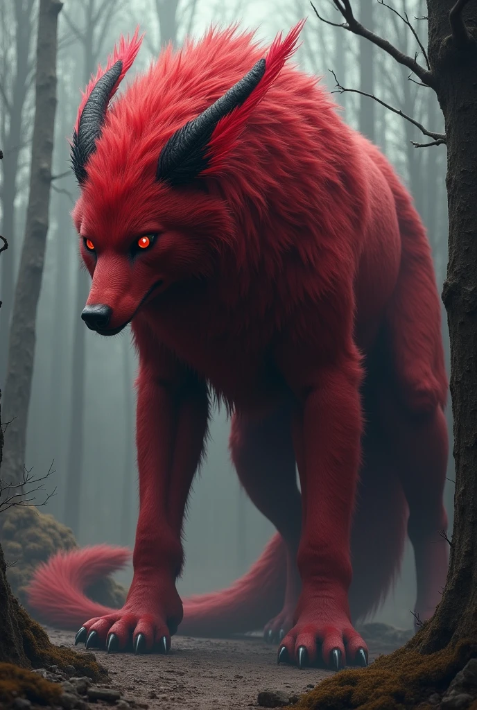 Wolf tail red fur with red eyes and a red feather and a black feather on the right side of the head and 4 meters tall 