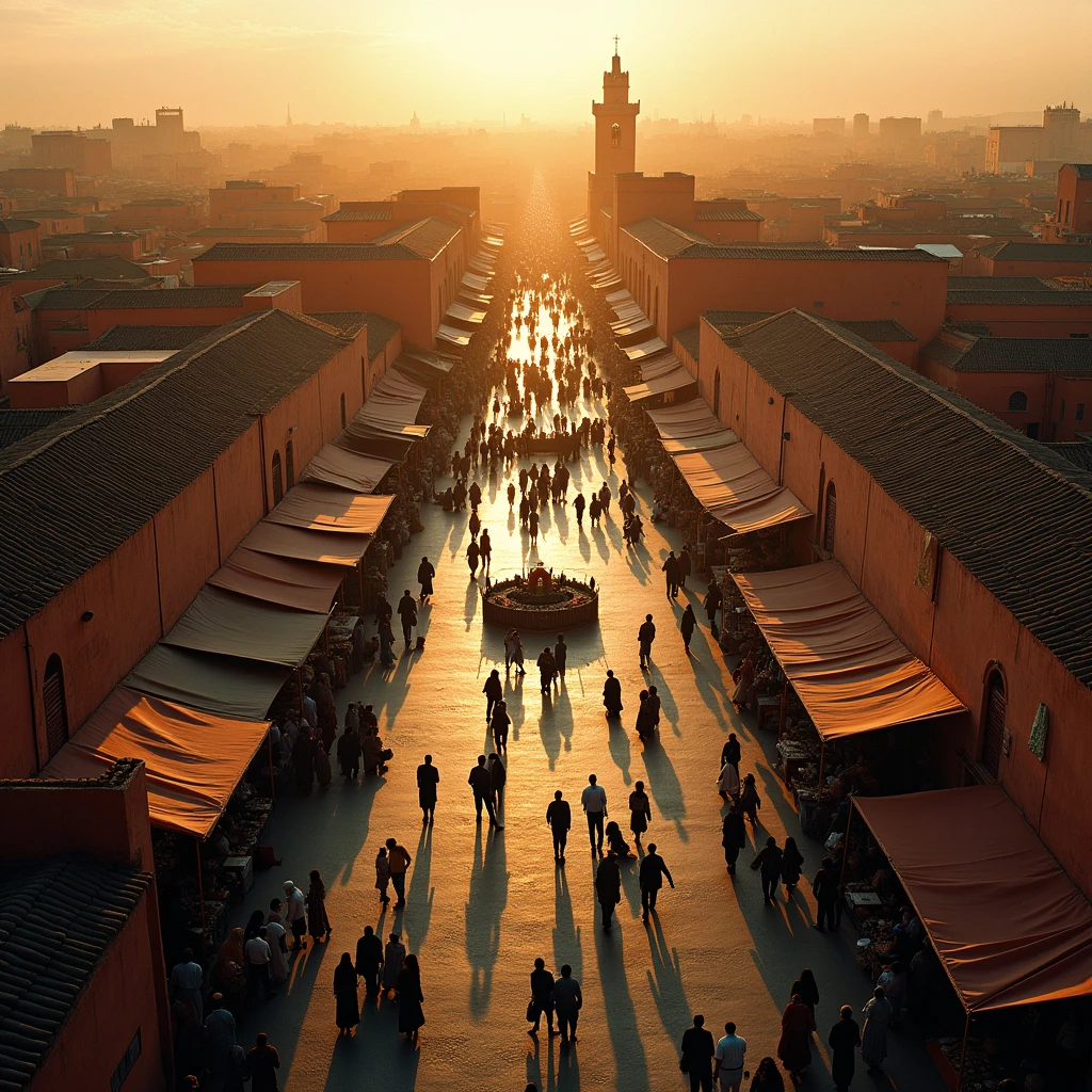 Aerial view of jemaa el-fnaa during magic hour, cinematic film shot in 70mm, depth of field, vivid colors, cinematic