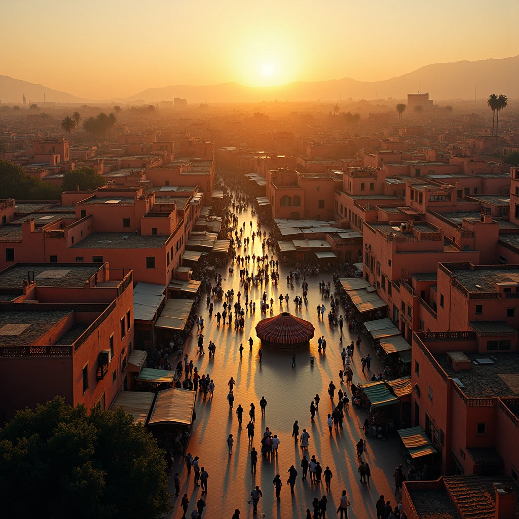 Aerial view of jemaa el-fnaa during magic hour, cinematic film shot in 70mm, depth of field, vivid colors, cinematic