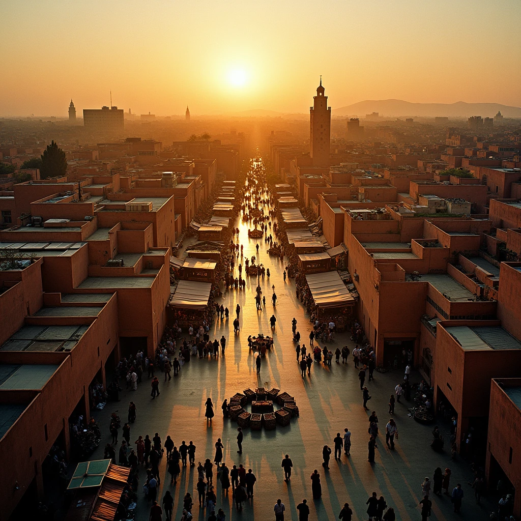 Aerial view of jemaa el-fnaa during magic hour, cinematic film shot in 70mm, depth of field, vivid colors, cinematic