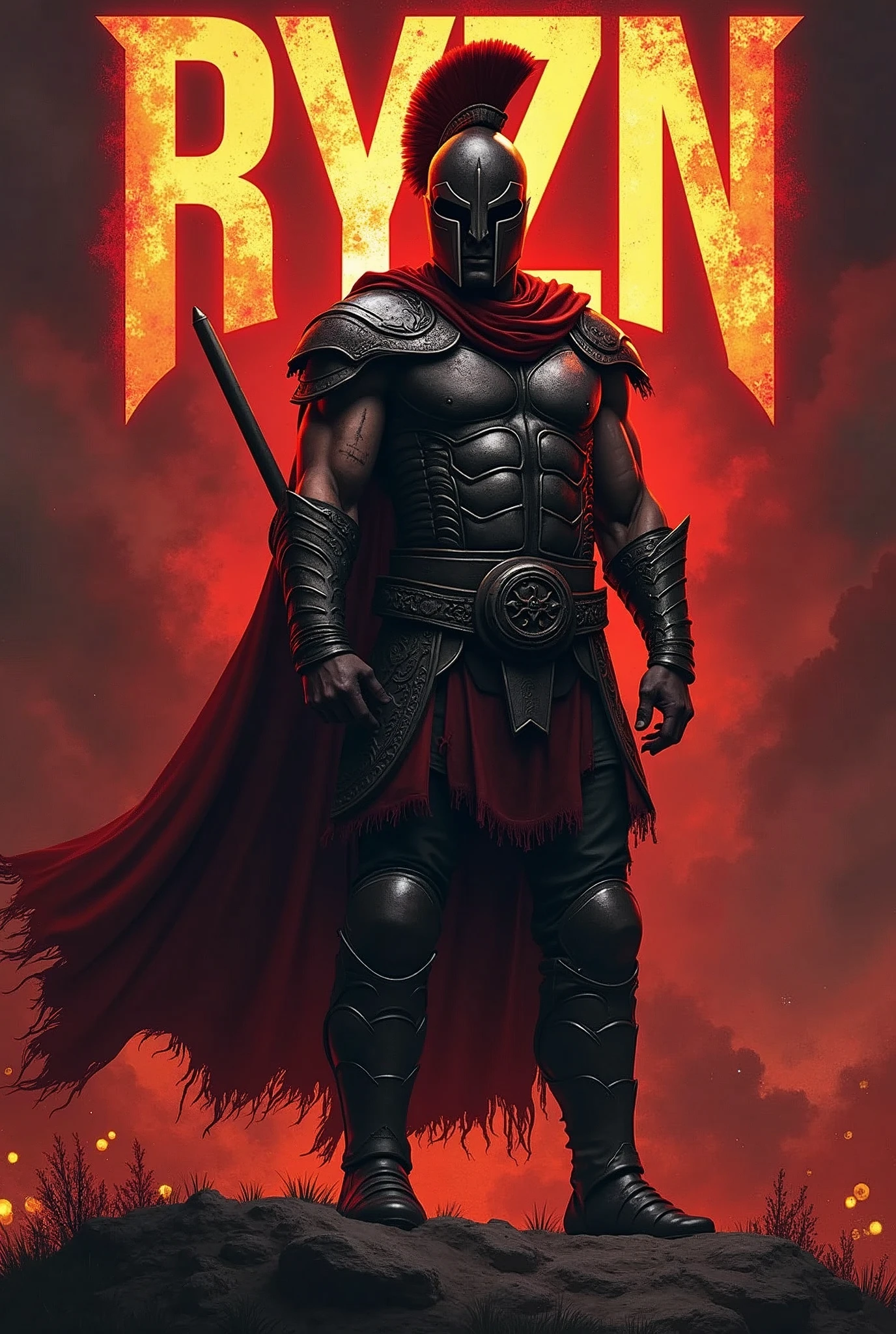 Ryzn large lettering. Background a Spartan.