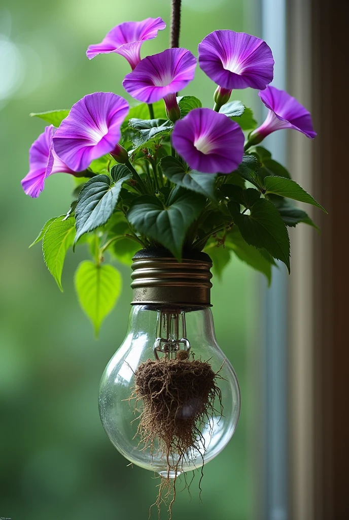 Ipomoea purpurea , planted in an upside down light bulb with roots showing in the bulb and plant out