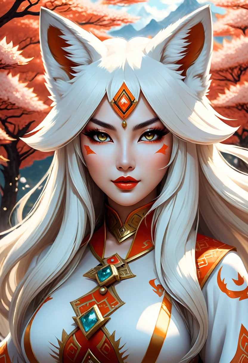 Anthropomorphic feminine kitsune enchantress. Official Art – An Award-Winning Digital Masterpiece In 4K Ultra HD, Extreme Detail And Intricate Realism. Symmetrical Face. This Concept Art Brought To Life By The Hands Of Artists Like Wlop & Artgerm In A Stunning 2D Vector Illustration. Breath of the wild. Background Is A Panoramic Vista.
