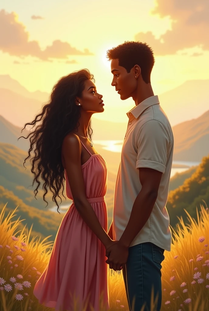 Black girl and dark-skinned boy holding hands in love watching the landscape