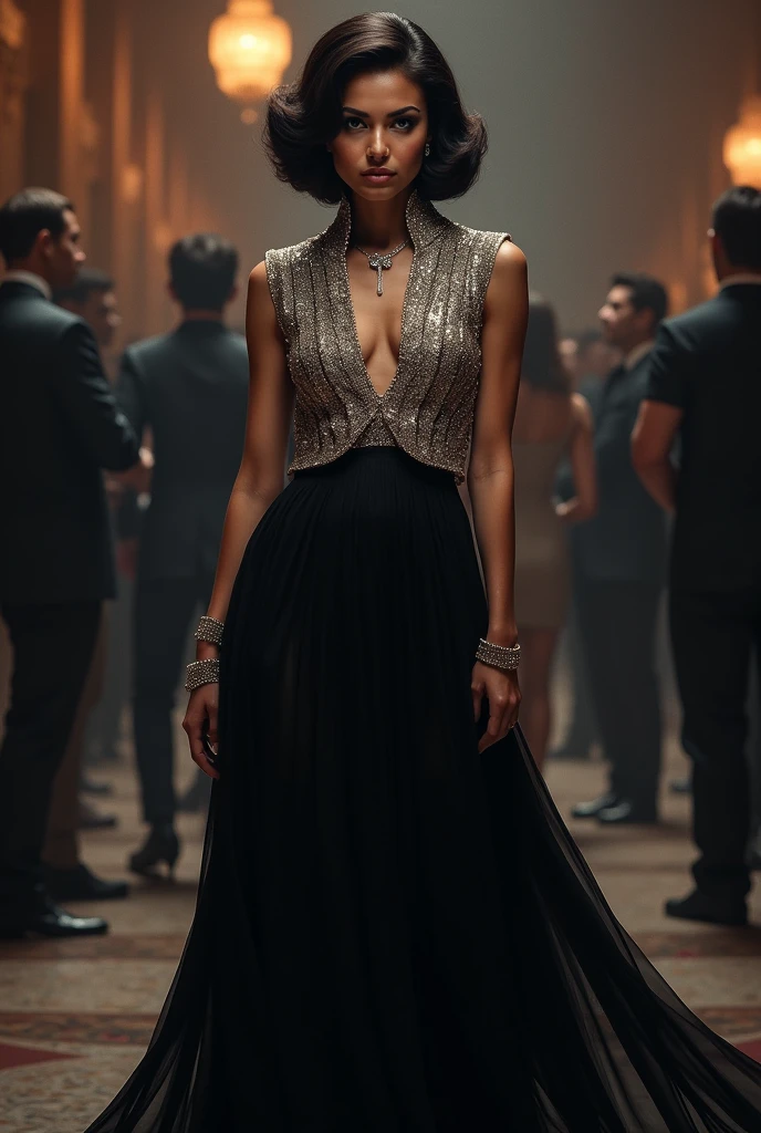 80s style woman in long black dress and silver sequin vest