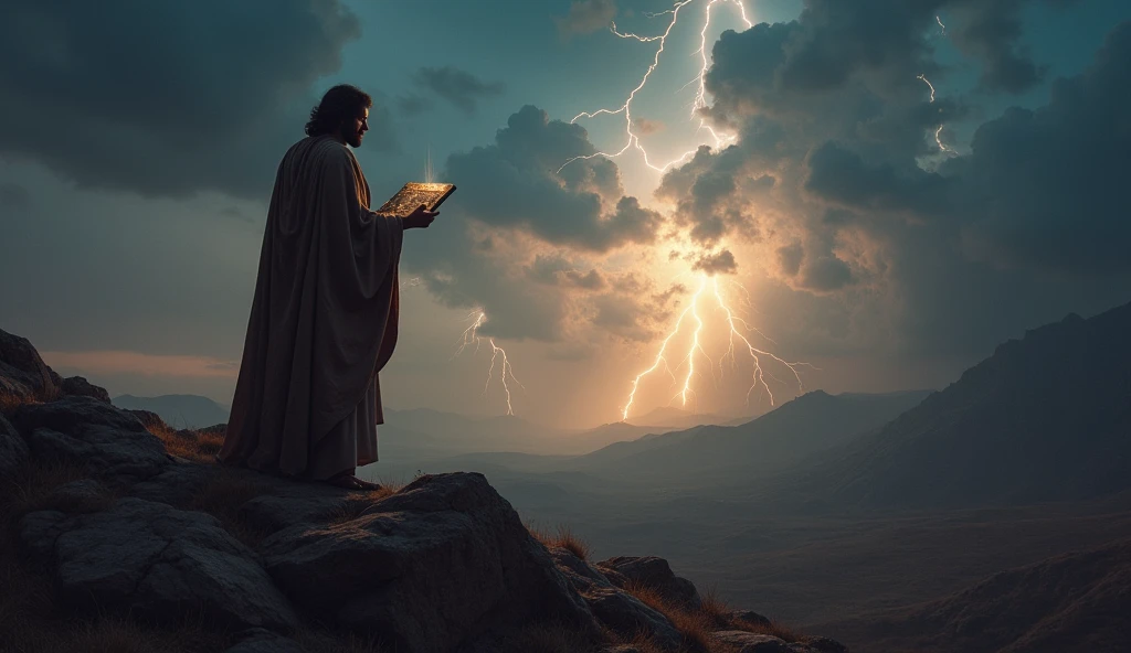  Moses on Mount Sinai, receiving the Tablets of the Law. The sky is lit by lightning and dark clouds, creating a powerful and sacred atmosphere. 