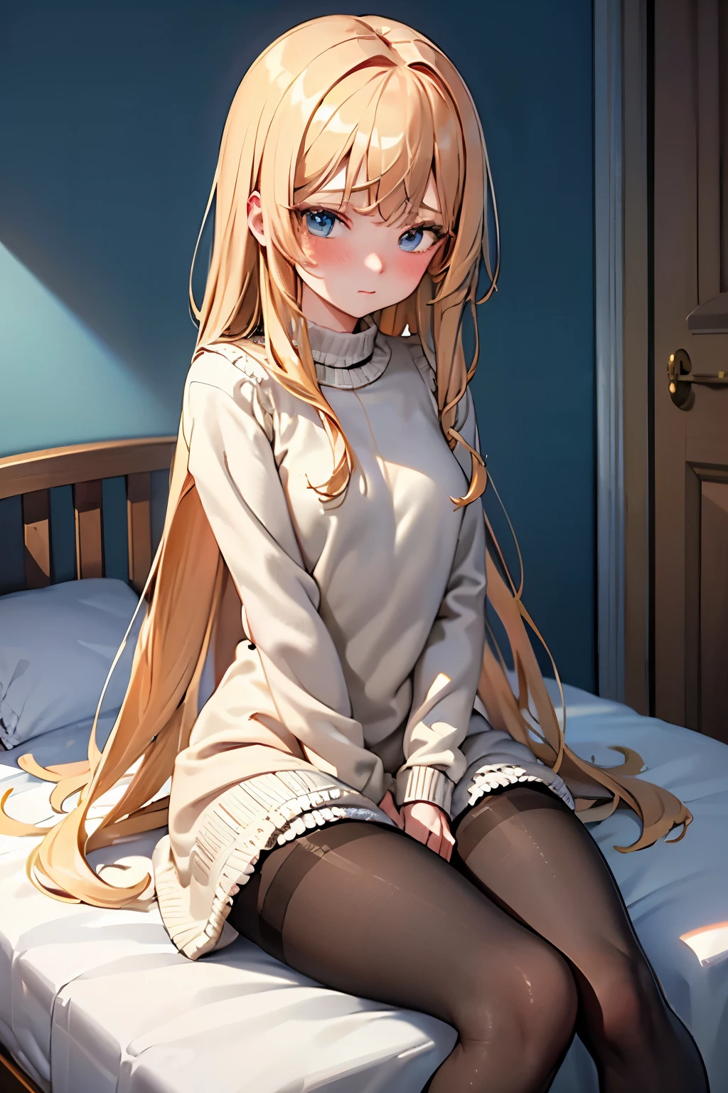 (Highest quality:1.1), (masterpiece:1.4), (Absurd:1.0),
One Girl, Artificial Human Room No. 18、Golden Hair、Medium-long hair、Medium chest、Looking at the audience、Bedroom、(blush:1.2)、Embarrassed expression、((hose))、((Knitted dress))、((sit))、