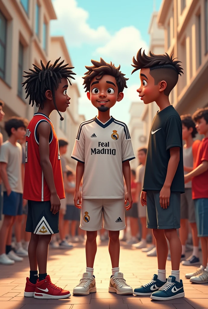 Make an image 16:9 with the following description, 3 boys, looking at the photo, smoking, looking at each other as if exchanging ideas, with a background full of people, extras know, First boy I want him to be characterized with braids, Basketball T-shirt, Jordan sneakers, dark-skinned, and another boy I want him with curly hair, bleached goatee, real madrid shirt outfit, A Nike sneaker, offwhite, I want the other one with a braid too, black nike shirt, and the connoisseur, his color black, as if it were a cartoon