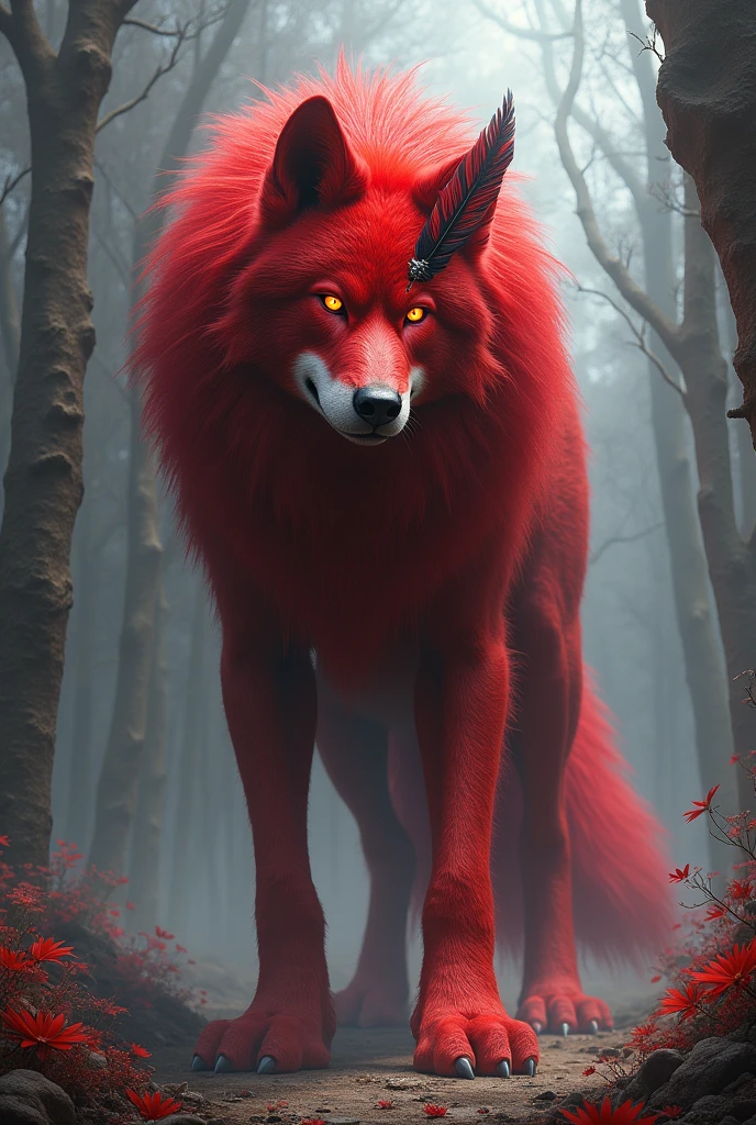 Wolf tail red fur with red eyes and a red feather and a black feather on the right side of the head and 4 meters tall