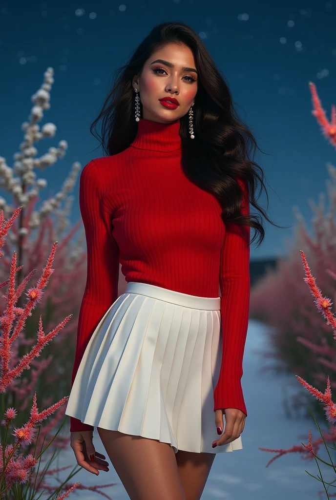 The subject a gorgeous indian girl, long hair. She's a men magazine model. She flirts with camera. She wears: (a random color turtleneck large loose wool sweater:1.1 with cleavage), (a random color pleated mini skirt:1.2), Louboutin white shoes, high heels. She stands in gorgeous field with winter flowers, clear starry night, Perfect eyes, perfect hands, perfect body, perfect hair, perfect breast, UHD, retina, masterpiece, accurate, anatomically correct, textured skin, super detail, high details, high quality, award winning, best quality, highres, 16k, 8k, very short skirt, exposed navel, seductive look