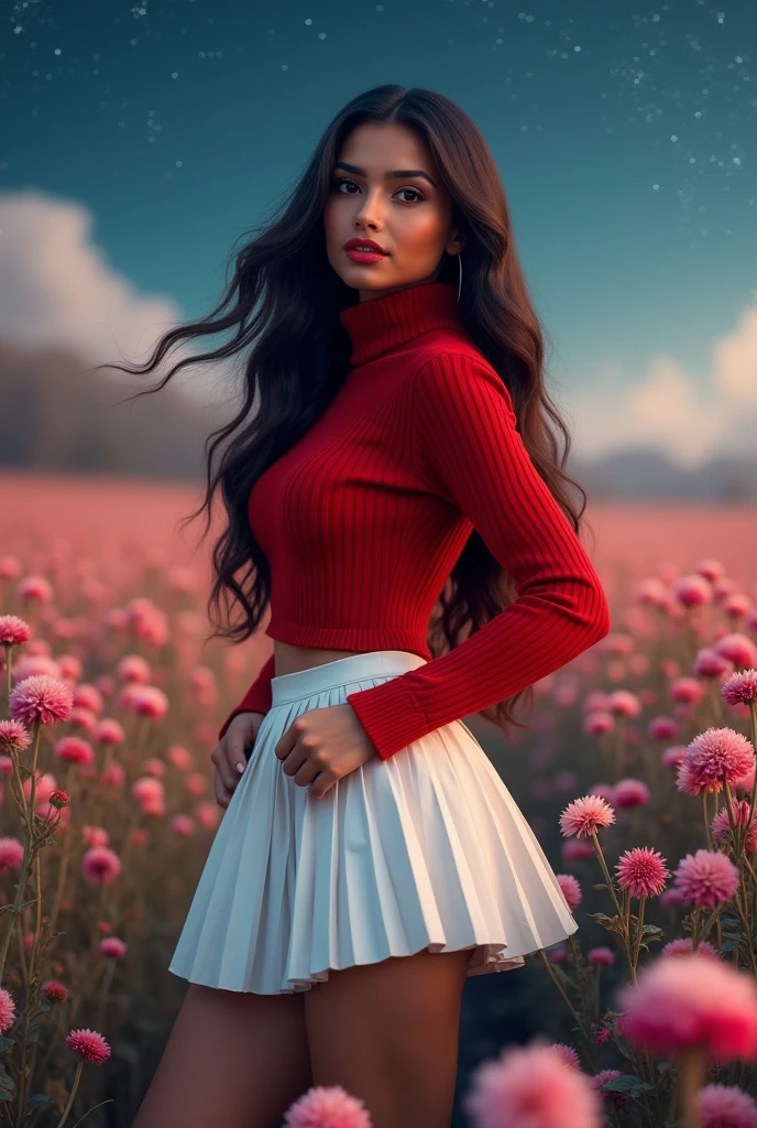 The subject a gorgeous indian girl, long hair. She's a men magazine model. She flirts with camera. She wears: (a long sleeve red turtleneck large loose wool sweater:1.1), (a white pleated mini skirt:1.2), Louboutin white shoes, high heels. She stands in gorgeous field with winter flowers, clear starry night, Perfect eyes, perfect hands, perfect body, perfect hair, perfect breast, UHD, retina, masterpiece, accurate, anatomically correct, textured skin, super detail, high details, high quality, award winning, best quality, highres, 16k, 8k,