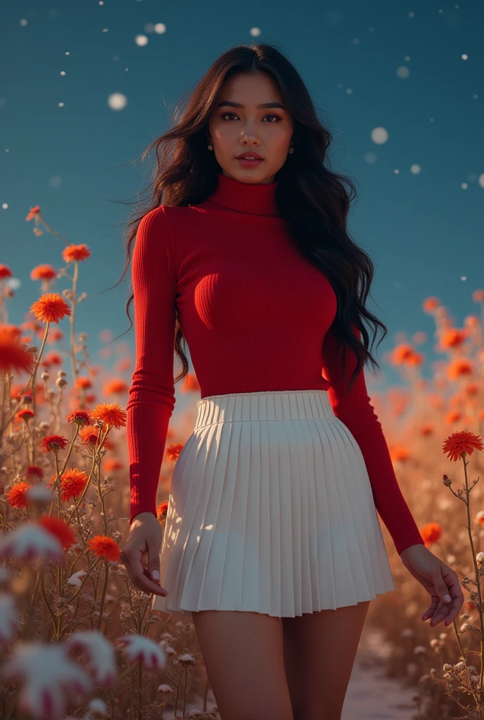 The subject a gorgeous indian girl, long hair. She's a men magazine model. She flirts with camera. She wears: (a long sleeve red turtleneck large loose wool sweater:1.1), (a white pleated mini skirt:1.2), Louboutin white shoes, high heels. She stands in gorgeous field with winter flowers, clear starry night, Perfect eyes, perfect hands, perfect body, perfect hair, perfect breast, UHD, retina, masterpiece, accurate, anatomically correct, textured skin, super detail, high details, high quality, award winning, best quality, highres, 16k, 8k,