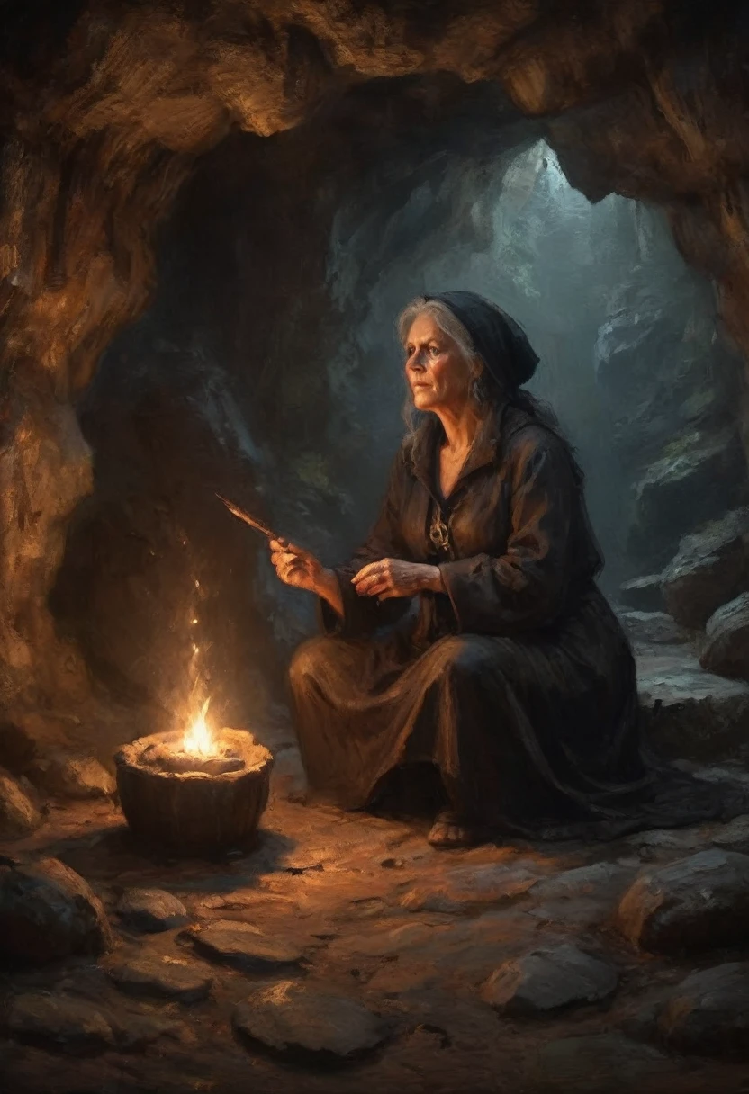 dark atmospheric horror, middle aged witch in a cave from far, (RAW photo, real, best quality, masterpiece:1.2), detailed, (hyper realistic, photo-realistic:1.2), high quality, (dark lighting:1.2), perfect lighting
