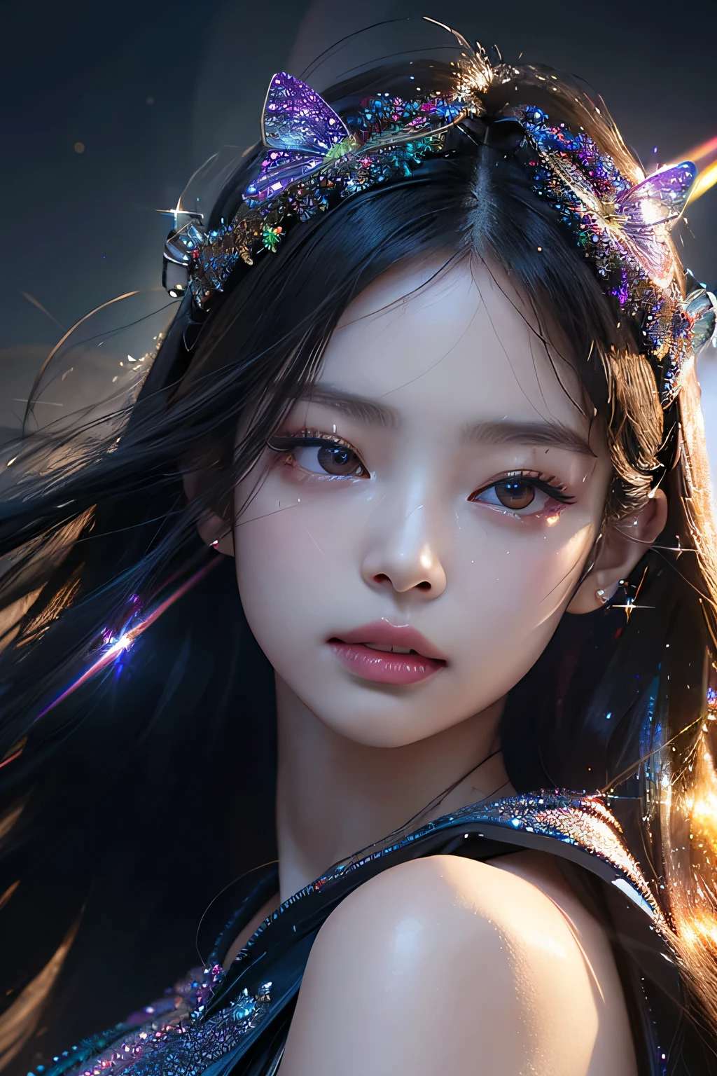Kim jennie. a young woman with long dark hair, beautiful detailed eyes, beautiful detailed lips, extremely detailed face, longeyelashes, wearing a butterfly kimono, (best quality,4k,8k,highres,masterpiece:1.2),ultra-detailed,(realistic,photorealistic,photo-realistic:1.37),exquisite detail,intricate details,highly detailed,vivid colors,warm lighting,cinematic lighting,dramatic lighting, iridescence, dramatic angle, space, (floating colorful sparkles:1.3), Dramatic Lighting, Chiaroscuro, Evocative Depth. Portrait. Jennie