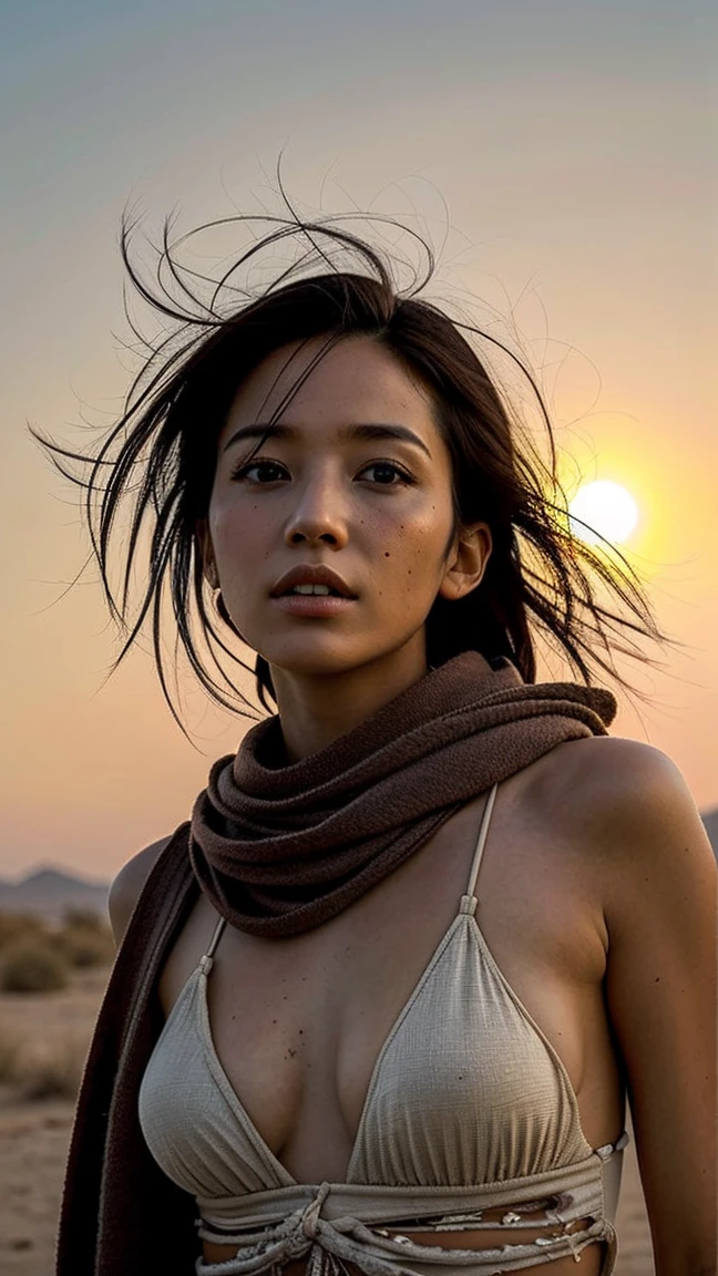 masterpiece, Transition to a desert landscape at sunset, a lonely figure, A beautiful 32-year-old American woman emerges wearing beautiful post-apocalyptic nomadic clothing., White skin, by rubio, gray blue eyes, Freckles in the face, slim body for running, small breasts, Very detailed face, ultra realistic face, very beautiful face, clean but tired face, post-apocalyptic clothing. Layers of tattered fabric, unconventional accessories, and a worn appearance create an aura of survival and resistance., 16k, ultra high resolution.photorealistic, HD, raw, DSLR, with the face of jeniffer lawrence