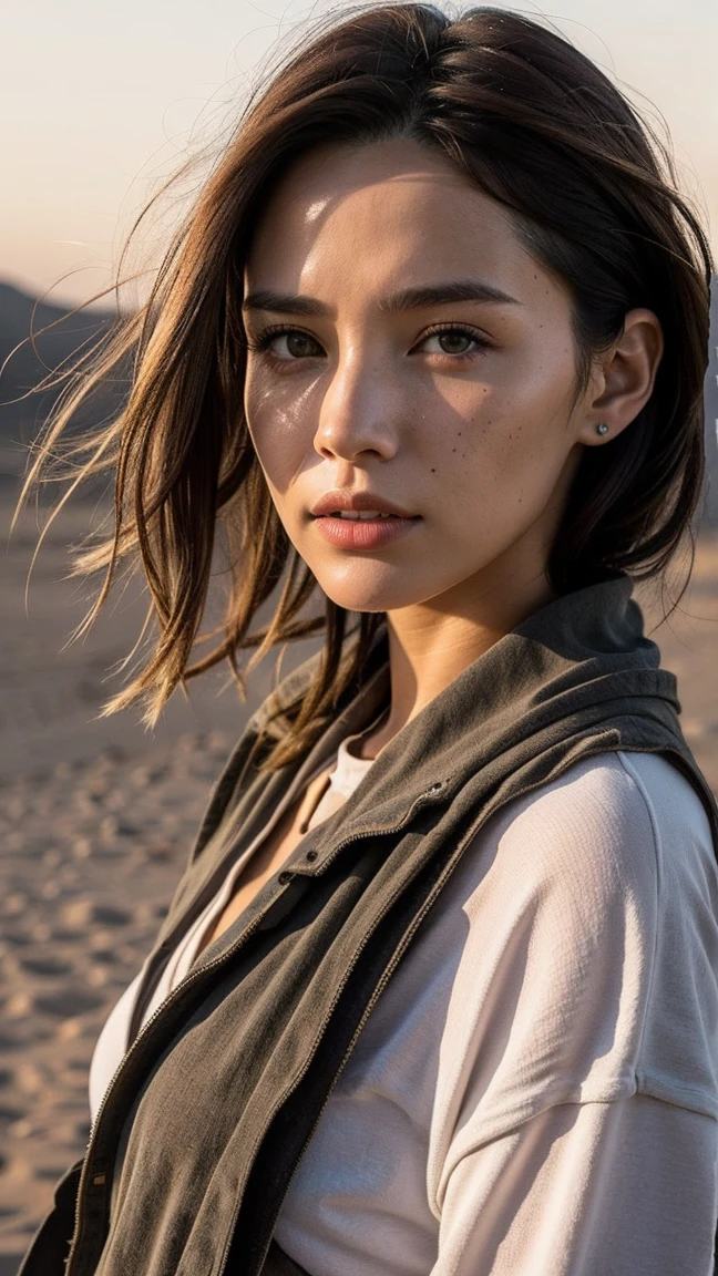 masterpiece, Transition to a desert landscape at sunset, a lonely figure, A beautiful 32-year-old American woman emerges wearing beautiful post-apocalyptic nomadic clothing., White skin, by rubio, gray blue eyes, Freckles in the face, slim body for running, small breasts, Very detailed face, ultra realistic face, very beautiful face, clean but tired face, post-apocalyptic clothing. Layers of tattered fabric, unconventional accessories, and a worn appearance create an aura of survival and resistance., 16k, ultra high resolution.photorealistic, HD, raw, DSLR, with the face of jeniffer lawrence