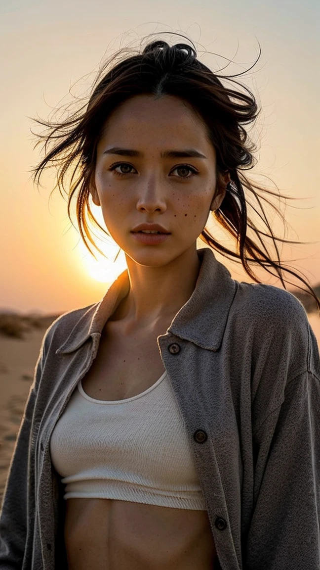 masterpiece, Transition to a desert landscape at sunset, a lonely figure, A beautiful 32-year-old American woman emerges wearing beautiful post-apocalyptic nomadic clothing., White skin, by rubio, gray blue eyes, Freckles in the face, slim body for running, small breasts, Very detailed face, ultra realistic face, very beautiful face, clean but tired face, post-apocalyptic clothing. Layers of tattered fabric, unconventional accessories, and a worn appearance create an aura of survival and resistance., 16k, ultra high resolution.photorealistic, HD, raw, DSLR, with the face of jeniffer lawrence
