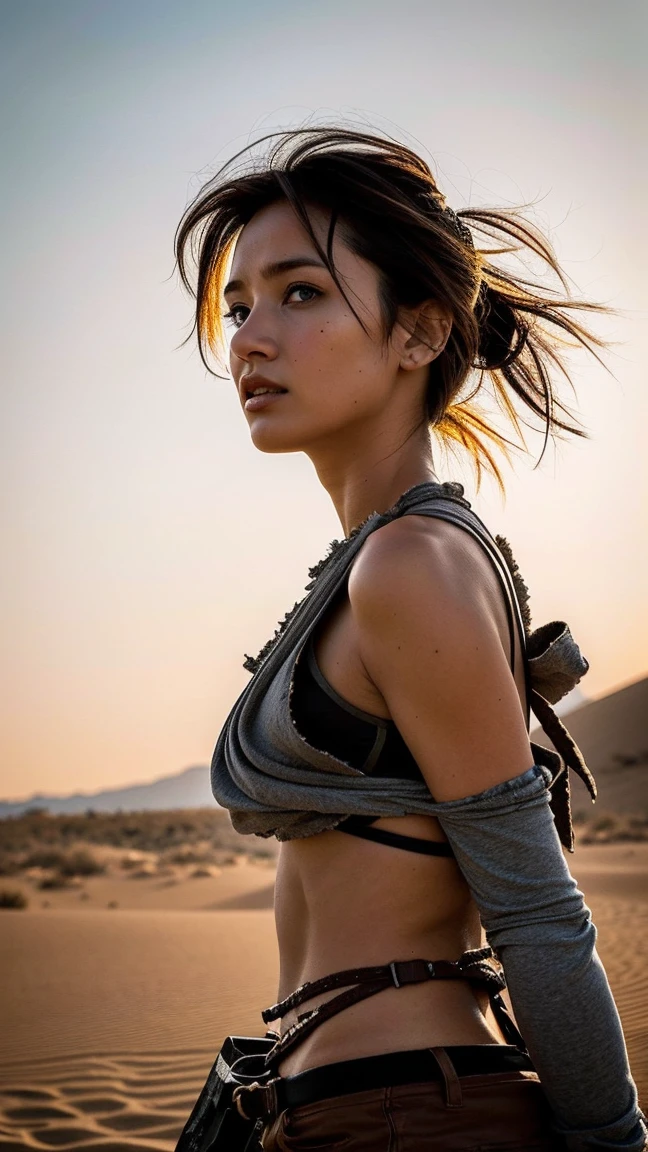 masterpiece, Transition to a desert landscape at sunset, a lonely figure, A beautiful 32-year-old American woman emerges wearing beautiful post-apocalyptic nomadic clothing., White skin, by rubio, gray blue eyes, Freckles in the face, slim body for running, small breasts, Very detailed face, ultra realistic face, very beautiful face, clean but tired face, post-apocalyptic clothing. Layers of tattered fabric, unconventional accessories, and a worn appearance create an aura of survival and resistance., 16k, ultra high resolution.photorealistic, HD, raw, DSLR, with the face of jeniffer lawrence