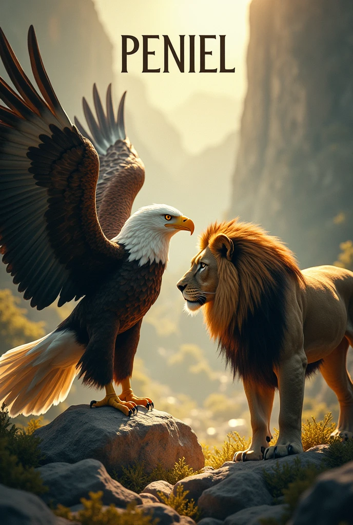 Eagle and lion facing each other in the biblical promised land and just above it the word PENIEL