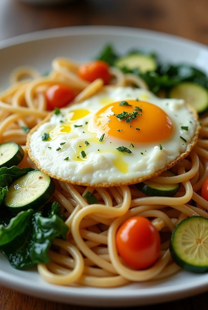 Make me a plate of food 1/2 cups of noodles or rice with zucchini, chard and 1 scrambled egg with 1 tsp olive oil