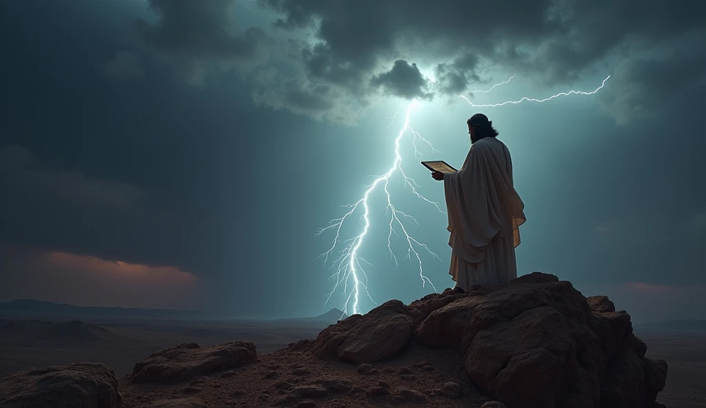 Moses on Mount Sinai, receiving the Tablets of the Law. The sky is lit by lightning and dark clouds, creating a powerful and sacred atmosphere.