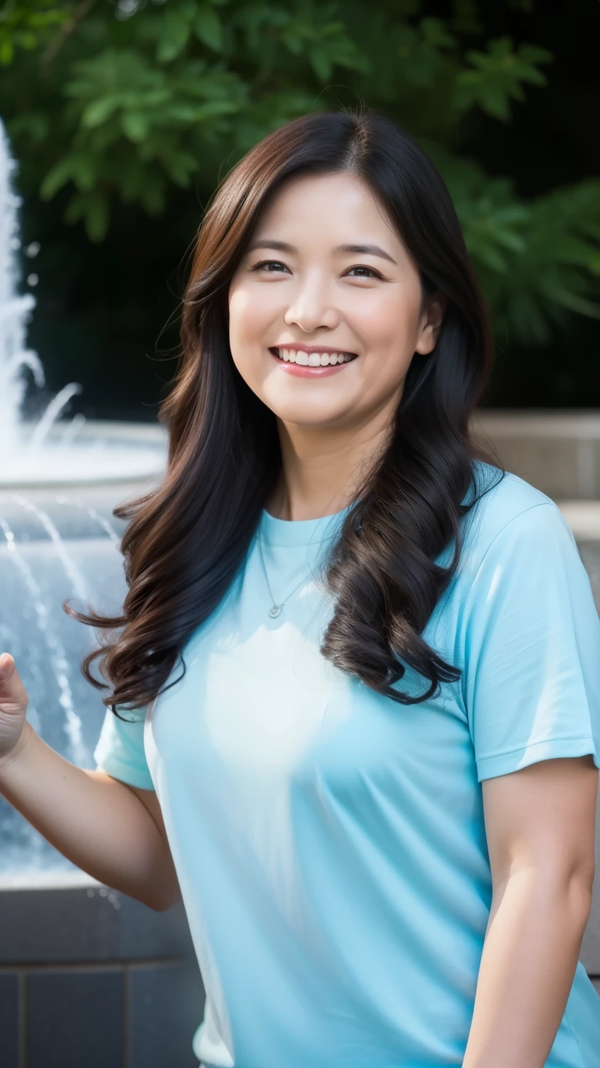 最high quality, In 8K, whole body, Real, Upper Body, high quality, High resolution, Detailed face, Detailed eyes, Thick lips, (Look at the viewers), alone, Middle-aged women, , 60 years old, , Wavy Hair, , Wearing short sleeves, Standing in front of a fountain, Wrinkles around the eyes, Smiling with teeth showing, Background Blur