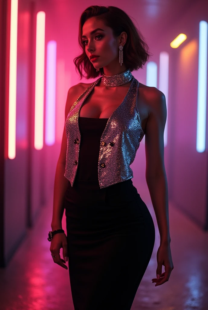 80s style woman in long black dress and silver sequin vest