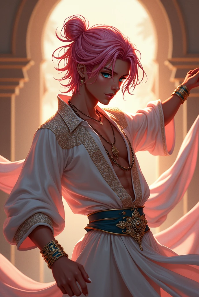 Draw a young anime boy with dark pink hair and light baby blue eyes and black skin he is a sexy man bl He danced in sexy arabic wind dance clothes 