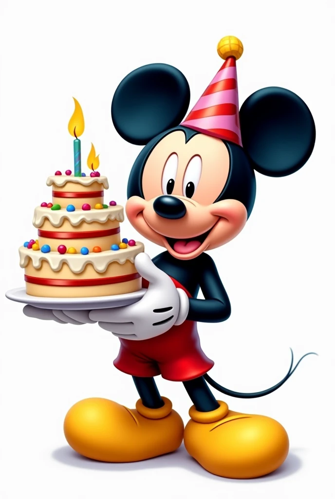 Create Mickey Mouse holding a birthday cake, with white background, that it is animated so that it can be cut out, Svg style