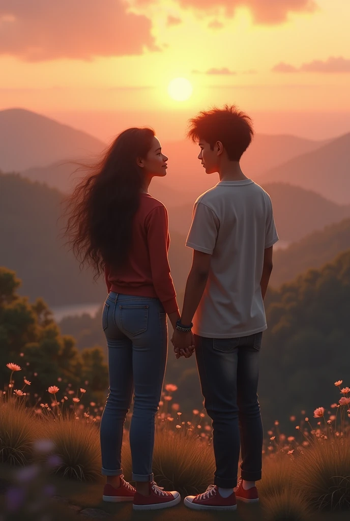 Black girl and white boy holding hands back to back in love watching the landscape