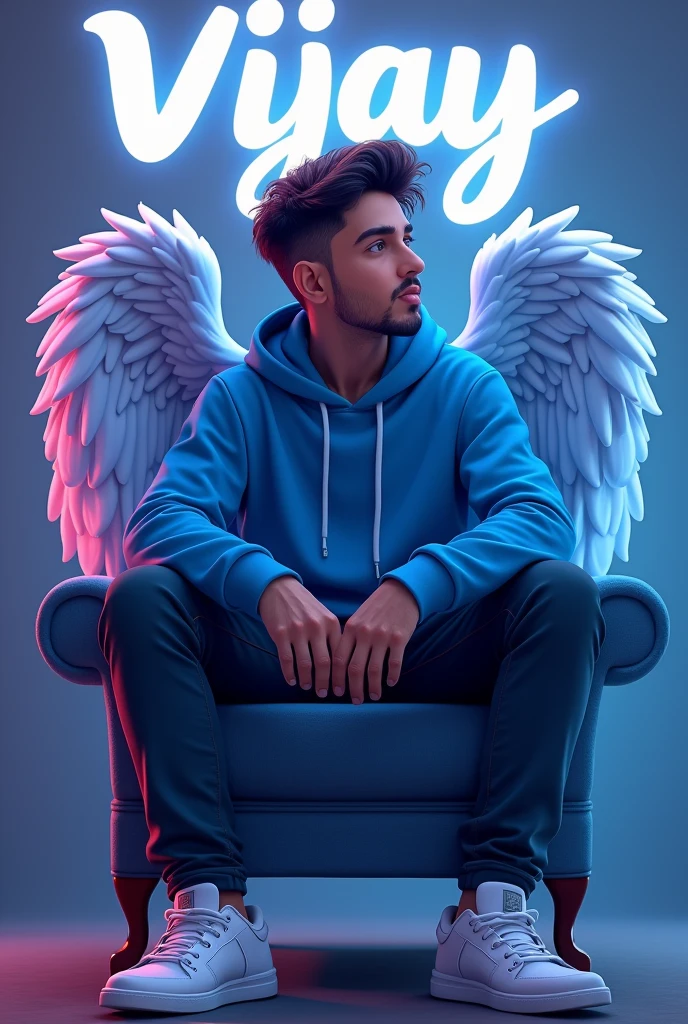 Create a 3D illustration for a profile picture where a 25 year old “Boy” in a blue hoodie stinging casually on a wings back chair, wearing sneakers a white, she looks ahead, the background features “Vijay” in big and capital letters White neon light fronts on the back wall, there should not be his shadow and there are wings to make it appear as if he is angel.