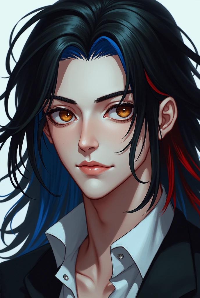 Manly boy with long black hair with blue and red streaks, golden eyes and white skin.