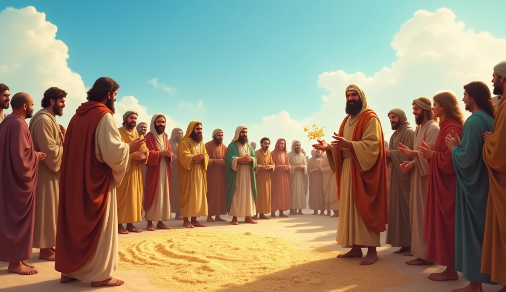 The Hebrew people collecting manna in the desert, Under a clear blue sky. Moses watches with a smile, as people show joy and gratitude.