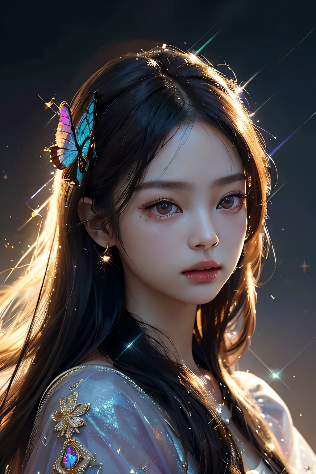 Kim jennie. a young woman with long dark hair, beautiful detailed eyes, beautiful detailed lips, extremely detailed face, longeyelashes, wearing a butterfly kimono, (best quality,4k,8k,highres,masterpiece:1.2),ultra-detailed,(realistic,photorealistic,photo-realistic:1.37),exquisite detail,intricate details,highly detailed,vivid colors,warm lighting,cinematic lighting,dramatic lighting, iridescence, dramatic angle, space, (floating colorful sparkles:1.3), Dramatic Lighting, Chiaroscuro, Evocative Depth. Portrait. Jennie