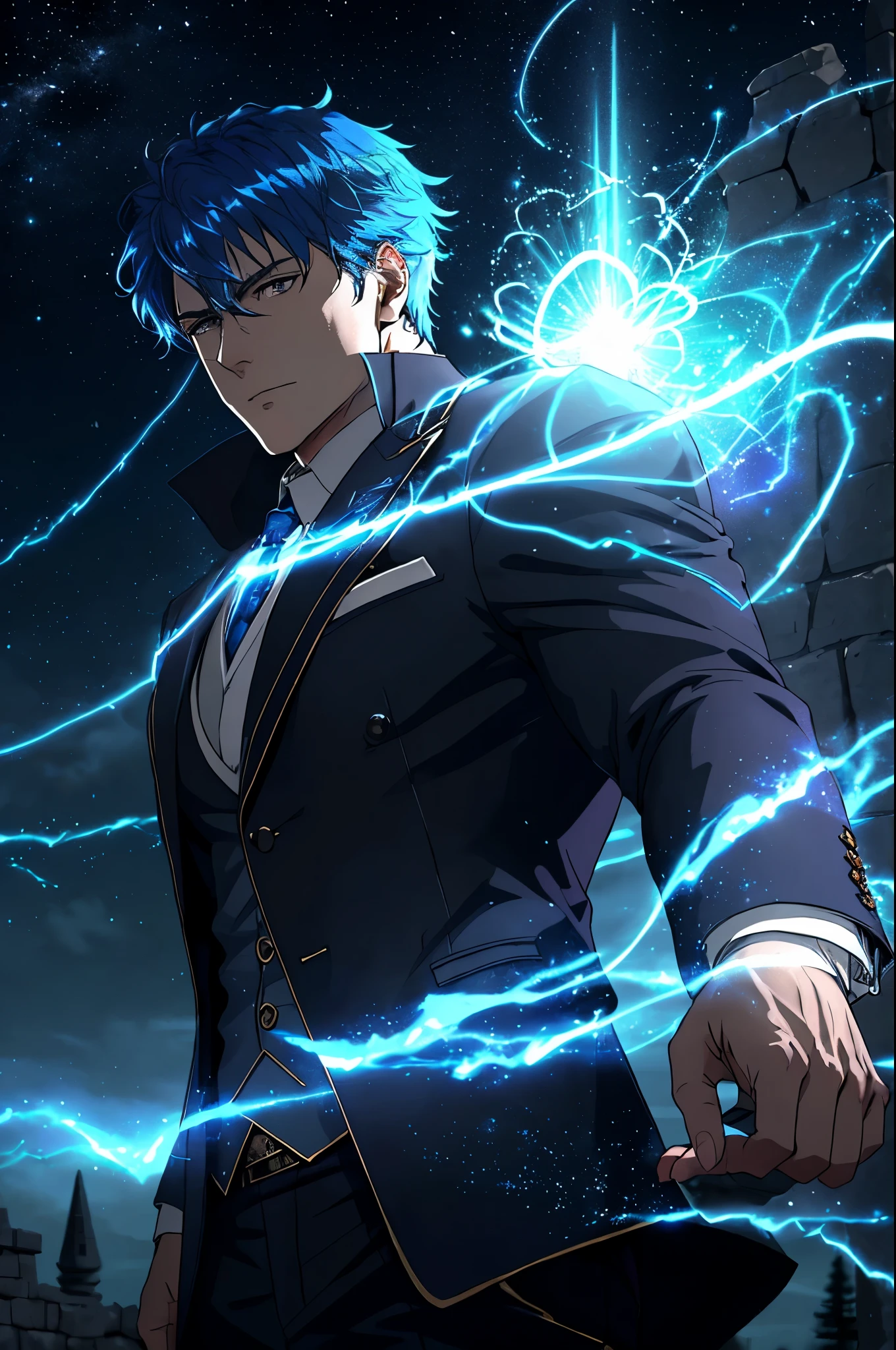 A hyper-detailed, ultra-realistic image of a powerful male anime protagonist with striking blue hair, standing tall and confident in a well-fitted navy blue suit. He is in the midst of using his magical teleportation powers, with energy swirling around him in a dynamic, electrifying aura. The scene is set in a grand, mystical landscape with ancient ruins and glowing symbols etched into the stone. The character is strong and muscular, with a calm yet intense expression, his eyes glowing with power. The environment is rich in details, from the ethereal mist hovering around the ground to the vibrant, magical energy crackling in the air. His suit is perfectly tailored, with subtle patterns reflecting the light, adding to the overall sense of power and control. Magical, Ambient Lighting: Use soft, ambient lighting with a magical glow emanating from the character’s powers. The light should be dynamic, casting subtle reflections on his suit and illuminating the surrounding mystical landscape. The energy from his teleportation should create a vibrant contrast against the darker, ancient ruins, adding depth and atmosphere to the scene. Low Angle Shot: The camera should be positioned slightly below the character, looking up to emphasize his power and presence. This angle will make him appear even more dominant and majestic, highlighting his strong physique and the energy surrounding him.
Wide Shot with Motion Elements: A wide shot should capture both the character and the rich details of the environment. Include subtle motion blur around the edges of his teleportation effect to emphasize the dynamic and supernatural aspects of his powers, adding to the overall realism and impact of the image.