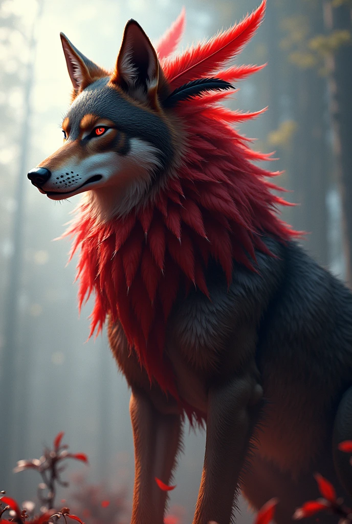 Wolf with tail fur and red fur with red eyes and a red feather and a black feather on the right side of the head and 4 meters tall