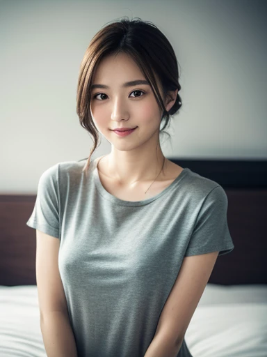 RAW Photos、masterpiece、Highest quality、photorealistic、Ultra high definition、High resolution、16K wallpaper、Super detailed、Fine details、Cinema lighting、In front of the white wall of a stylish white hotel room with the morning sun shining in、On the bed、18-year-old female、Realistic Skin、((Dark Eyes))、A shy smile、(Medium Short Hair)、Grey T-shirt、Yoshitomo Nara, shikamimi, Chiho, mayuri shiina, A real young gravure idol, beast, , Kotegawa Yui, 8k、narumi kakinouchi