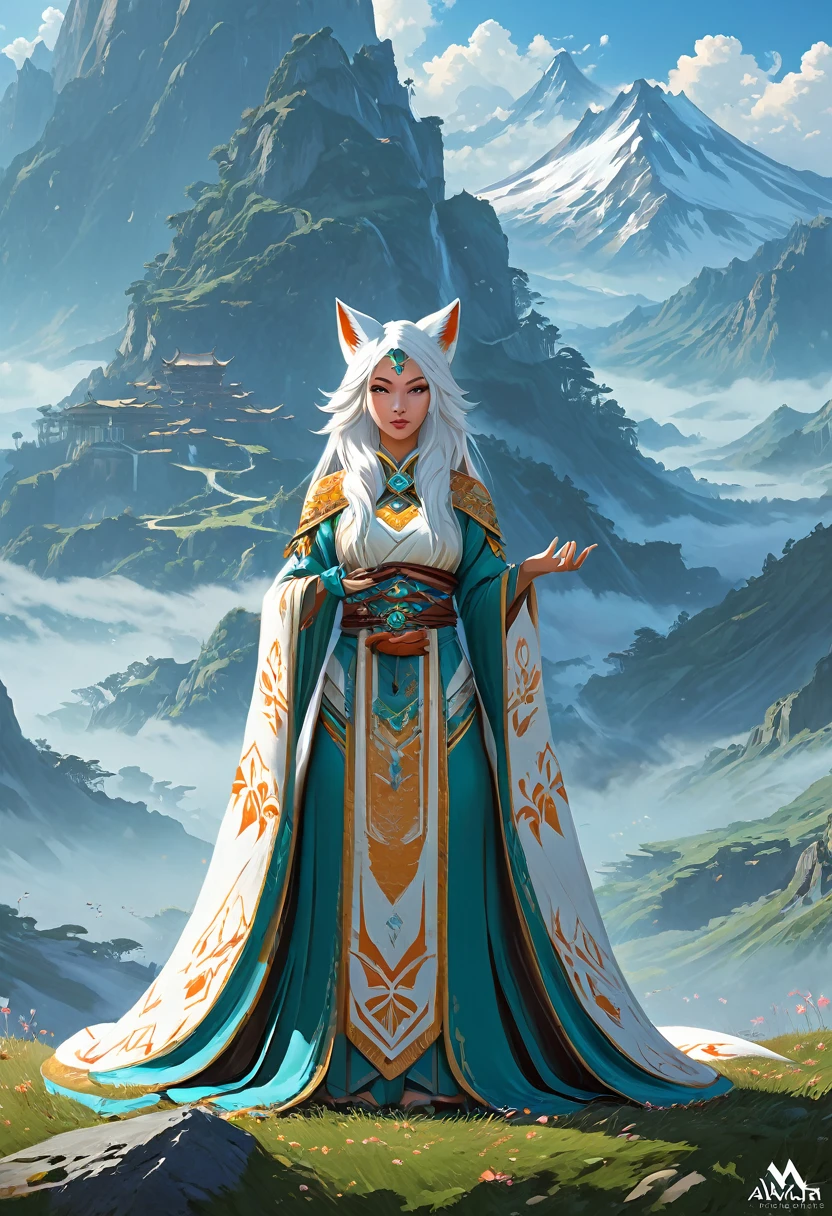 Anthropomorphic feminine kitsune enchantress. Official Art – An Award-Winning Digital Masterpiece In 4K Ultra HD, Extreme Detail And Intricate Realism. Symmetrical Face. This Concept Art Brought To Life By The Hands Of Artists Like Wlop & Artgerm In A Stunning 2D Vector Illustration. Breath of the wild. Background Is A Panoramic Vista.