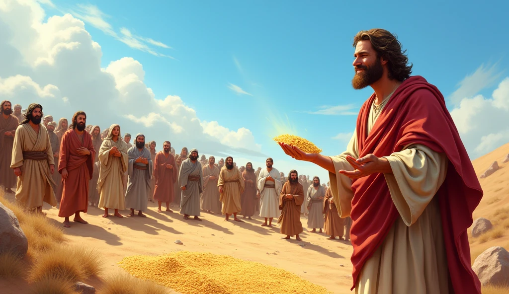 The Hebrew people collecting manna in the desert, Under a clear blue sky. Moses watches with a smile, as people show joy and gratitude.