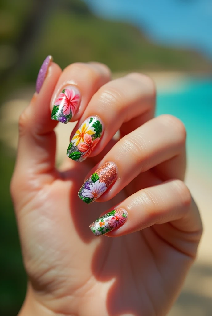 Nails ispired by hawaii flowers