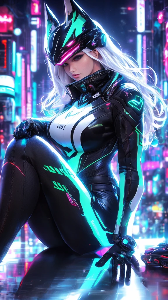 Gril, loli,white hair, blue eyes,Holding a knife, red liquid and red blood, living room background.HD lighting and dark )(epic image quality)dark atmosphere with bright particle light(many effects in background) 16k image, gorgeous [Woman | Batman], black tight  leather bikeroutfit on body, bikersuit, biker gloves, (huge breasts), slim body, futuristic (all closed cyber helmet) with jackal ears, faceoff, cyberpunk, lustful, seductive, leaning down, bending down, sexy pose, side view, ( on background of night neon japan city ), detailed digital art, cybernetic, detailed palms, detailed biker gloves,
