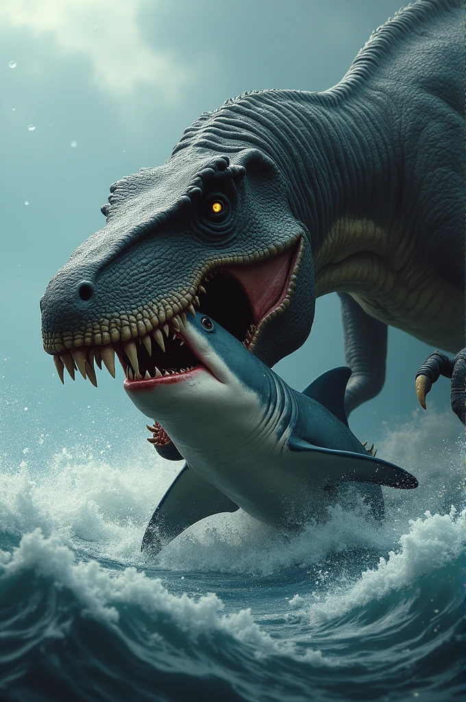 A dinosaur sucking on a shark