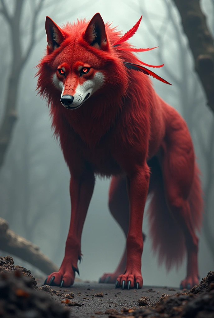 Wolf with tail fur and red fur with red eyes and a red feather and a black feather on the right side of the head and 4 meters tall 