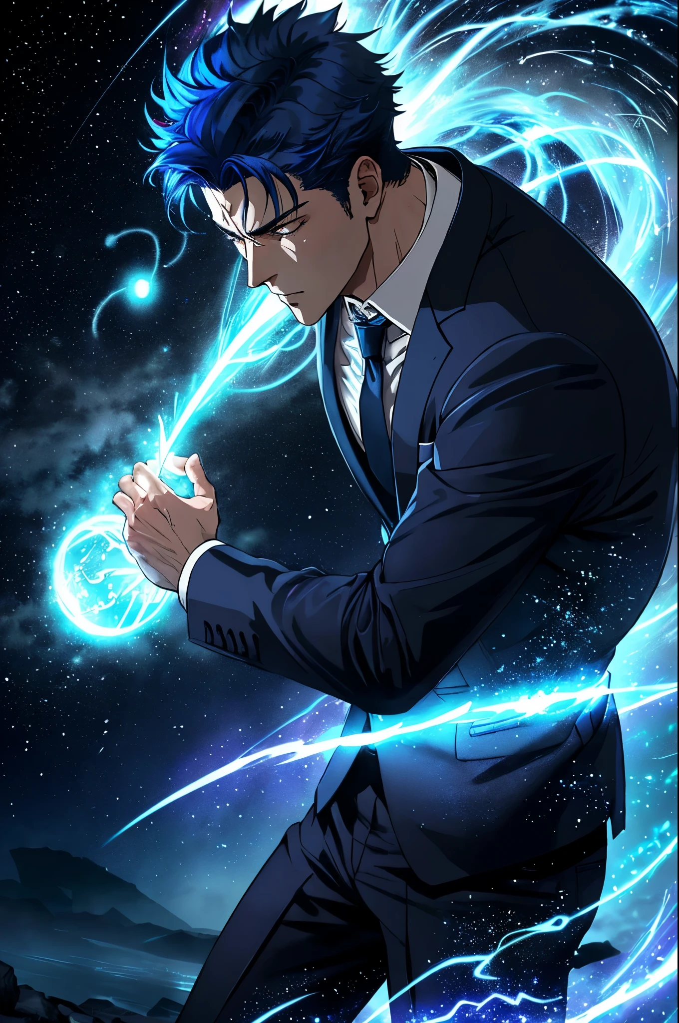 A hyper-detailed, ultra-realistic image of a powerful male anime protagonist with striking blue hair, standing tall and confident in a well-fitted navy blue suit. He is in the midst of using his magical teleportation powers, with energy swirling around him in a dynamic, electrifying aura. The scene is set in a grand, mystical landscape with ancient ruins and glowing symbols etched into the stone. The character is strong and muscular, with a calm yet intense expression, his eyes glowing with power. The environment is rich in details, from the ethereal mist hovering around the ground to the vibrant, magical energy crackling in the air. His suit is perfectly tailored, with subtle patterns reflecting the light, adding to the overall sense of power and control. Magical, Ambient Lighting: Use soft, ambient lighting with a magical glow emanating from the character’s powers. The light should be dynamic, casting subtle reflections on his suit and illuminating the surrounding mystical landscape. The energy from his teleportation should create a vibrant contrast against the darker, ancient ruins, adding depth and atmosphere to the scene. Low Angle Shot: The camera should be positioned slightly below the character, looking up to emphasize his power and presence. This angle will make him appear even more dominant and majestic, highlighting his strong physique and the energy surrounding him.
Wide Shot with Motion Elements: A wide shot should capture both the character and the rich details of the environment. Include subtle motion blur around the edges of his teleportation effect to emphasize the dynamic and supernatural aspects of his powers, adding to the overall realism and impact of the image.