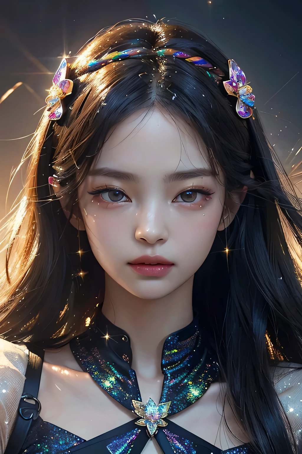 Kim jennie. a young woman with long dark hair, beautiful detailed eyes, beautiful detailed lips, extremely detailed face, longeyelashes, wearing a butterfly kimono, (best quality,4k,8k,highres,masterpiece:1.2),ultra-detailed,(realistic,photorealistic,photo-realistic:1.37),exquisite detail,intricate details,highly detailed,vivid colors,warm lighting,cinematic lighting,dramatic lighting, iridescence, dramatic angle, space, (floating colorful sparkles:1.3), Dramatic Lighting, Chiaroscuro, Evocative Depth. Portrait. Jennie