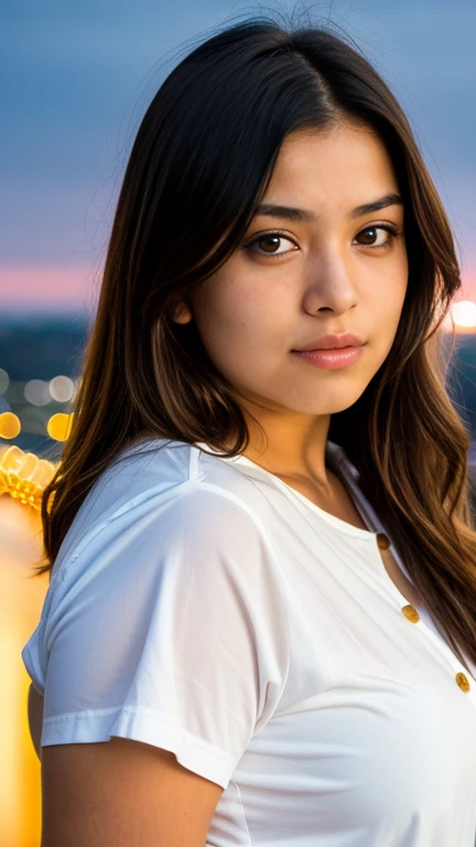 portrait photo of a beautiful curvy brunette Mexican supermodel. portrait photo of a beautiful curvy young woman, with a seductive look (pursed lips) with open arms. she has big breasts. overlooking Mexico in the background at night. (sexy shirt with yellow and red buttons) hyper realist, splendid, appealing, bonitas, cute, Female One, face perfect. (highly detailed skin:1.2), 8k hd, dslr, soft lighting, high qualiy, film grain, Fujifilm XT3, (scene framing:1.5), perfect hand. Shallow depth of field, vignette, highy detailed, high budget, bokeh, cinemascope, temperamental, epic, marvelous, film grain, grainy, extremely lifelike, r3al's photo, perfects eyes, more saturation, inst4 style, no blemishes, (Close-up face photo). absolute cleavage.