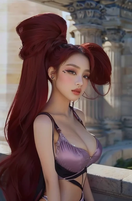 Una caricatura de una mujer con cabello rojo y grandes., portrait of megara, megara, britney lee, diosa pelirroja, la diosa hera luciendo enojada, Afrodita, pecho melancólico, la diosa griega afrotita, la diosa artemisa sonriendo, la diosa hera luciendo enojada, krenz cushart y artgerm , jisoo from blackpink, popular south korean makeup, quality detailed ,(beautiful makeup :1.2), Wide hips, big, big ass, (t quality, 8K, masterpiece: 1.3), Clear focus: 1.2, Perfect body beauty: 1.4, strong abs, Very detailed face and skin texture. , detailed eyes, double eyelids, (long hair), having very marked curves, with greater volume in ((hips and breasts)) makes the waist look much smaller ((wasp waist)).(obra maestra, calidad superior, mejor calidad, arte oficial, profundidad de campo, Belleza y Estética: 1.2), renderizado pináculo, Representación realista, (1 chica)
